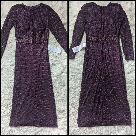 NWT Mac Duggal Long Sleeve Lattice Beaded Cocktail Dress in Aubergine 5530 - Picture 4 of 16